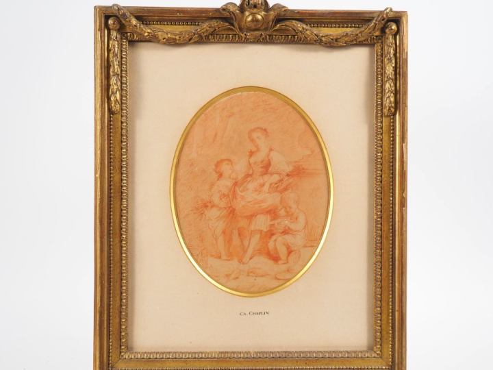 CH. CHAPLIN. "jeune fille et deux enfants" dessin à la sanguine  Dim. 