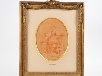 Vente aux enchères CH. CHAPLIN. "jeune fille et deux enfants" dessin à la sanguine  Dim. 
