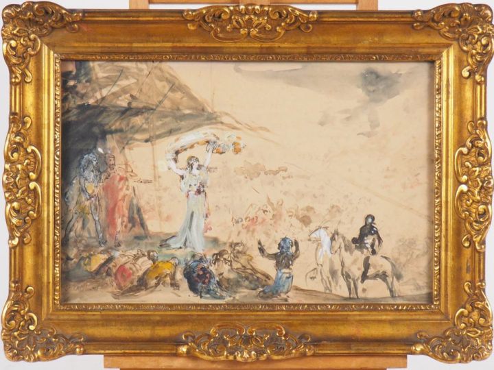 Stanislas CHLEBOWSKI. "apparition de la reine de Saba" Aquarelle gouac