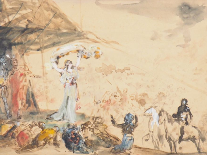 Stanislas CHLEBOWSKI. "apparition de la reine de Saba" Aquarelle gouac
