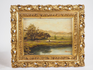 Vente aux enchères R. CONSTANS.  "paysage" Huile sur panneau, signée en bas à droite  Dim