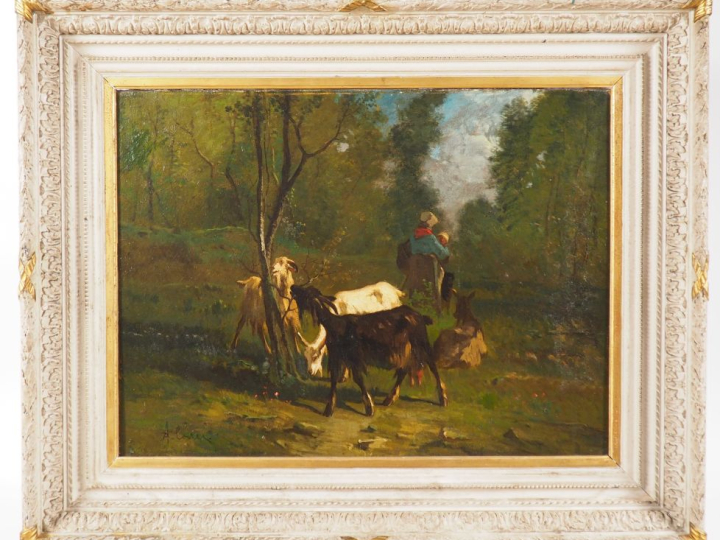 A. CORTES. "Bergère et ses chèvres". Huile sur toile signée en bas à g