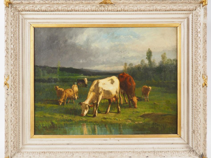 A. CORTES. "Troupeau s'abreuvant près de l'étang". Huile sur toile, si