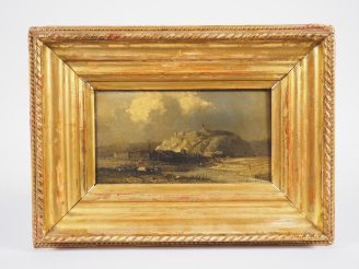 Vente aux enchères E. DESHAYES.  "ville fortifiée au bord de l'eau" Huile sur panneau, si