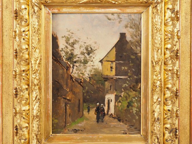 Camille Emile DUFOUR. "ruelle animée" Huile sur carton, signée en bas 
