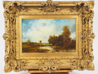 Vente aux enchères Victor DUPRE.  "paysage lacustre animé" Huile sur toile, signée en bas