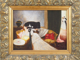 Vente aux enchères H. GANGLOFF.  "Le baiser". Paire d'huiles sur toile, l'une signée en b