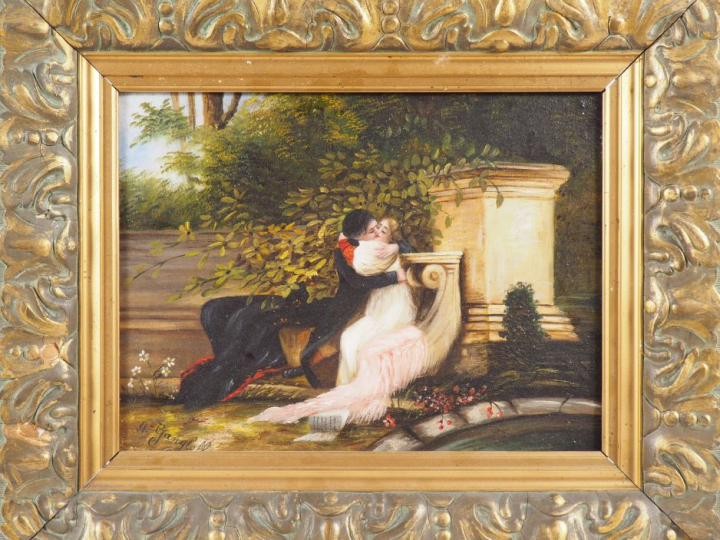 H. GANGLOFF.  "Le baiser". Paire d'huiles sur toile, l'une signée en b