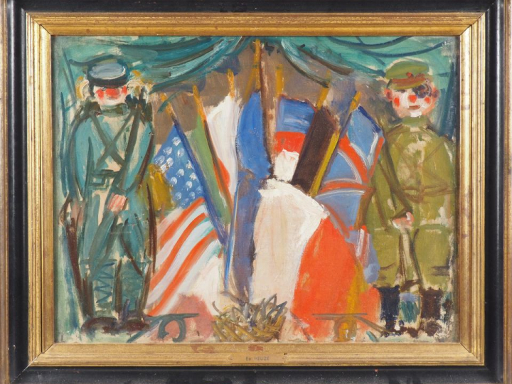 Edmond HEUZE. "Le retour des soldats". Huile sur toile. Dim. 46 x 61 c