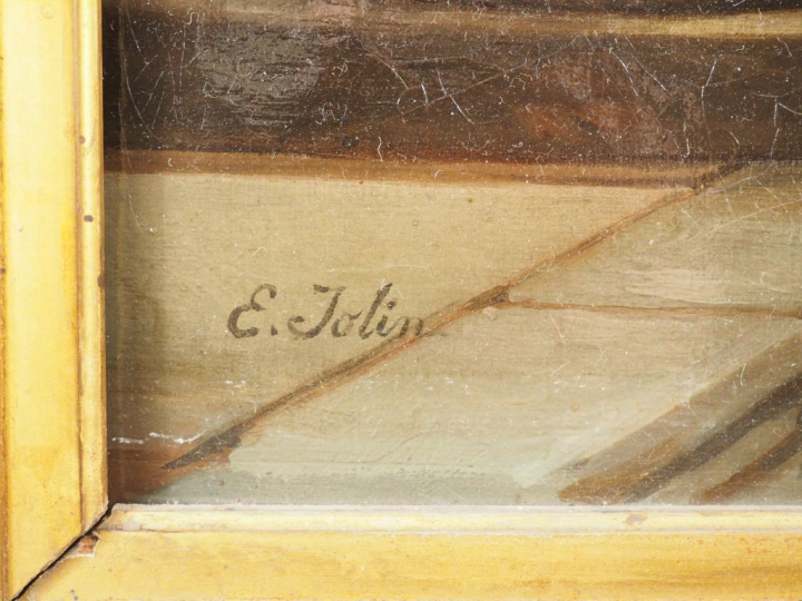 E. JOLIN.  "jeune italienne près d'un bénitier"  Huile sur toile, sign