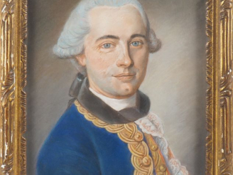 Vente aux enchères LELIVA. "Le chevalier du Pavillon". Pastel moderne titré dans un carto