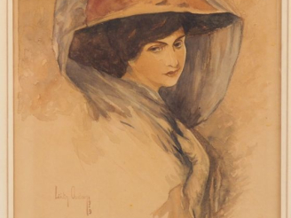 Vente aux enchères LIEVIN OUDAR.  "jeune femme chapeautée" Aquarelle, signée en bas à gau