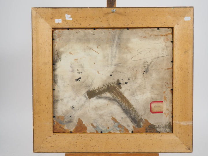 Elisée MACLET. "Péniches en bord de rivière". Huile sur carton, signée