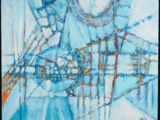 Vente aux enchères OKX.  "abstraction bleue" Huile sur toile, signée en bas à droite Dim.