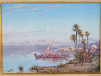 Vente aux enchères Paul PASCAL. "Paysage lacustre animé en Afrique du nord". Aquarelle, g