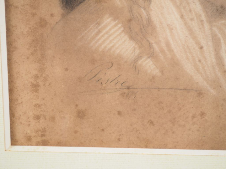 Cyrie PISTRE. "Portrait de jeune femme aux nattes". Dessin signé et da
