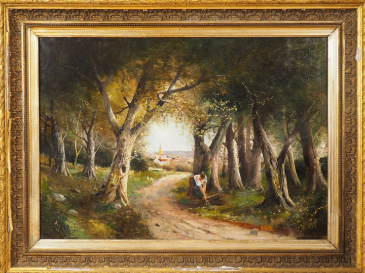 POINT. "Ramasseuse de fagot en bord de village". Grande huile sur toil