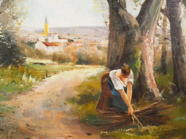 POINT. "Ramasseuse de fagot en bord de village". Grande huile sur toil