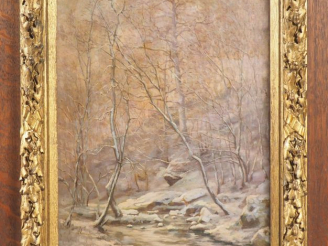 Vente aux enchères Alfred ROYER. "Paysage lacustre enneigé". Huile sur toile, signée en b