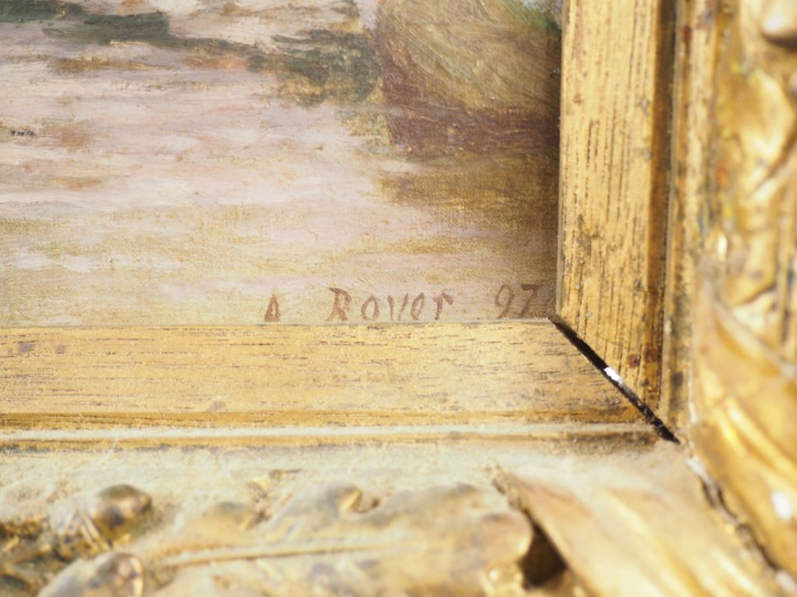 Alfred ROYER. "Paysage lacustre enneigé". Huile sur toile, signée en b