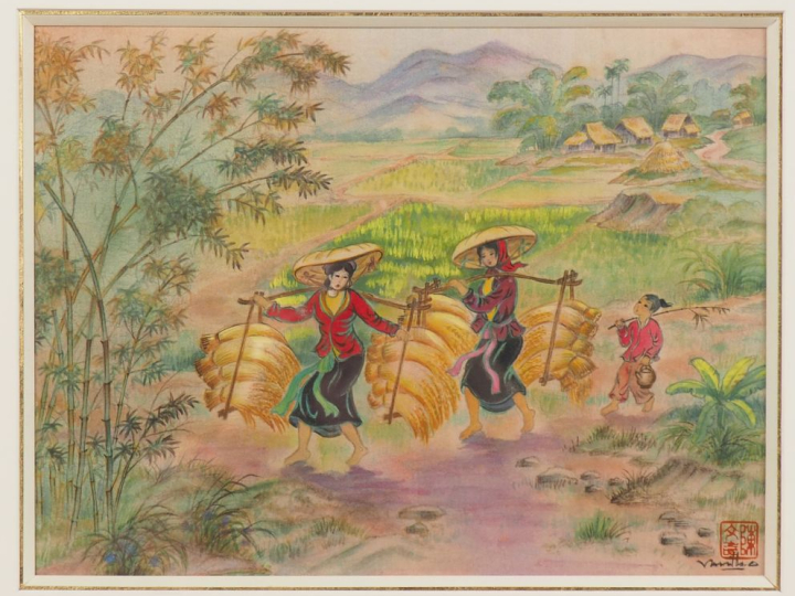 VAN THO. "récolte en Indochine". Encre et couleurs sur soie, signée en