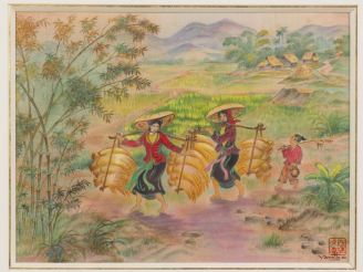 Vente aux enchères VAN THO. "récolte en Indochine". Encre et couleurs sur soie, signée en