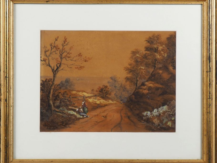 WORTHINGTON "campagne de bord de mer animée" Aquarelle, signée en bas 