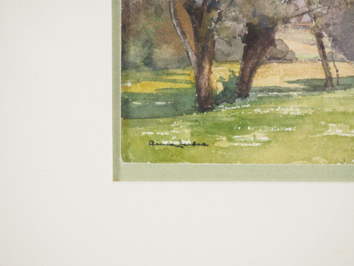 Anna ZUBER.  Suite de trois aquarelles dans un même encadrement" paysa
