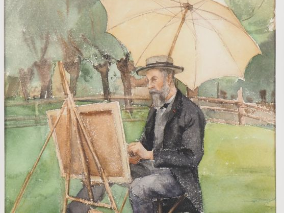 Anna ZUBER. "le peintre à son chevalet" Aquarelle, Dim: 34 x 24,5 cm,