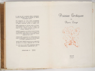 Vente aux enchères [CURIOSA]. LOUYS (P.). POÉSIES ÉROTIQUES. Rome, 1937. In-8 en ff. sous