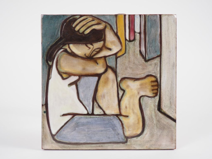 J. POUSSINES à San Vicens Carreau en céramique polychrome figurant une