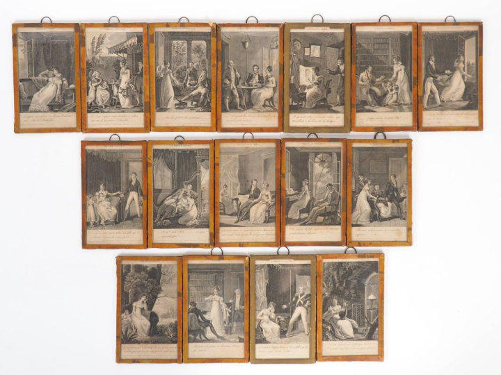 Suite de 16 encadrements contenant des gravures en noir d'après CHASSE