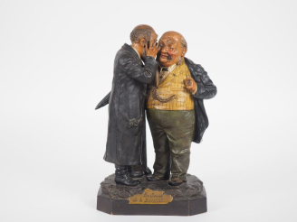 Vente aux enchères Ecole française 1900. "Le secret de la bourse". Groupe en stuc polychr