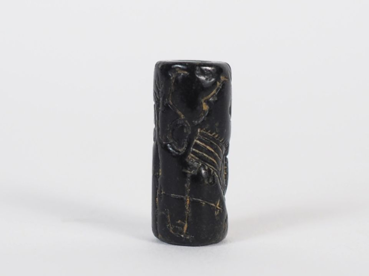 Orient ancien. Sceau cylindre en pierre noire figurant un bovidé dress