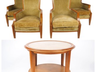 Vente aux enchères ARBUS.  Mobilier de salon en placage de sycomore, garniture de velours