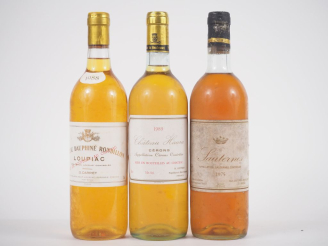 Vente aux enchères 3 BOUTEILLES : 1 SAUTERNES 1975 LB - 1 CHÂTEAU HAURA CÉRONS 1989 - 1 C