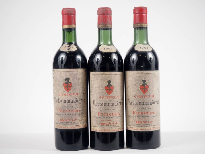 3 BOUTEILLES CHÂTEAU LA COMMANDERIE POMEROL - 1964 - 1 BON NIVEAU/1 BG