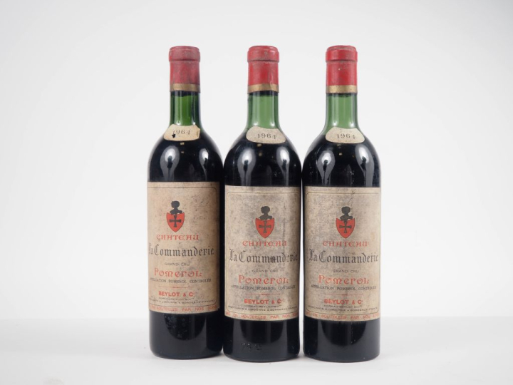 3 BOUTEILLES CHÂTEAU LA COMMANDERIE POMEROL - 1964 - 2 LB/1 LB-HEP/ES