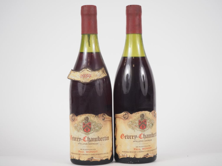 2 BOUTEILLES GEVREY CHAMBERTIN PAUL MONIOT - 1986 - 3,4 CM/4,5 CM/1ELS