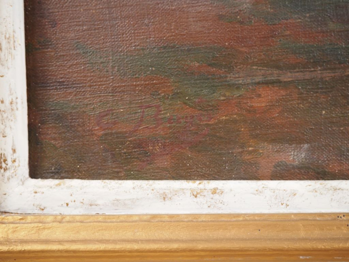 C. BERGES. "Cour de ferme dans un village du pays basque" Huile sur to