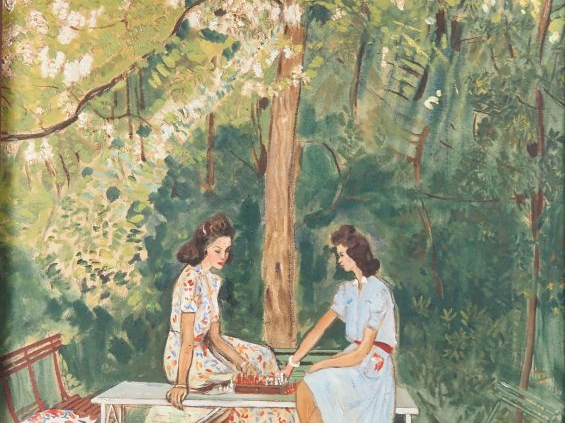 Mario CAVAGLIERI.  "Jeunes filles jouant aux échecs" Huile sur toile D