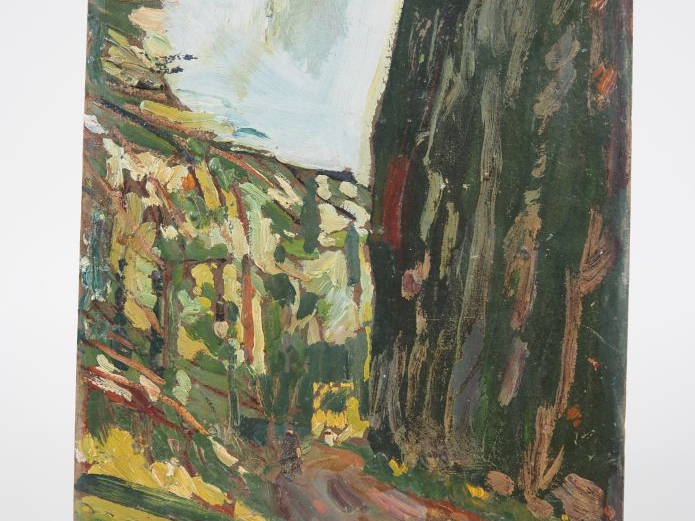 Mario CAVAGLIERI.  "Route dans la montagne" Huile sur carton, signée e