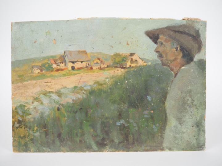 Mario CAVAGLIERI.  "Paysan à Carnia" Circa 1905 Huile sur papier Dim. 