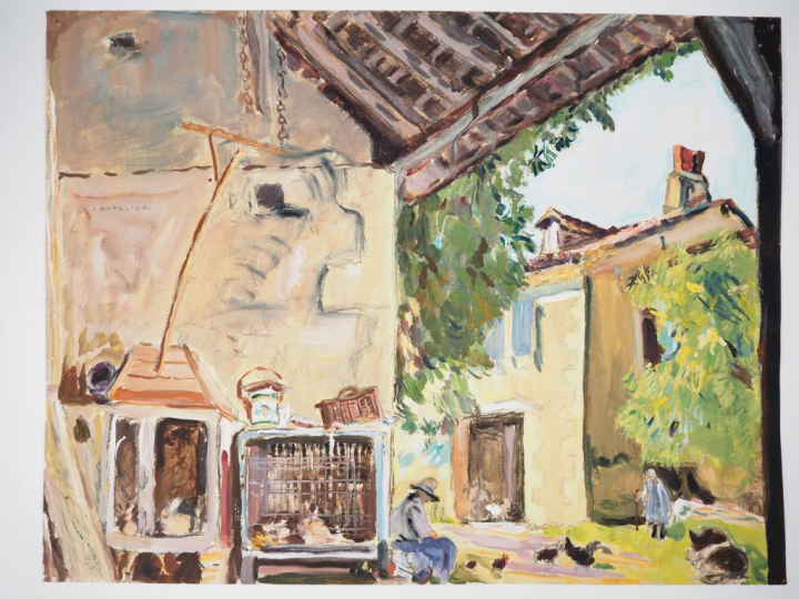 Mario CAVAGLIERI.  "La ferme" Aquarelle gouachée, signée à gauche Dim.