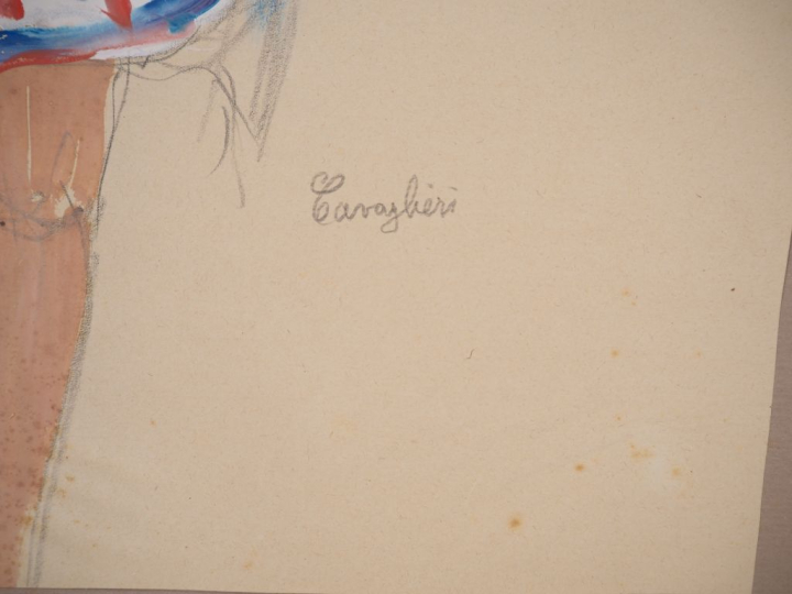 Mario CAVAGLIERI.  "Jeune fille au béret" Gouache, signée en bas à dro