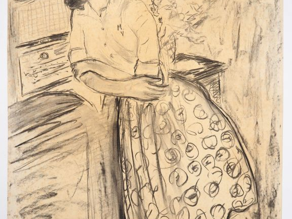 Mario CAVAGLIERI.  "Jeune femme à la jupe à fleurs" Dessin au fusain, 