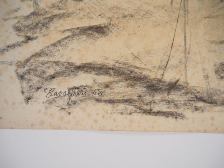 Mario CAVAGLIERI.  "Jeune femme à la jupe à fleurs" Dessin au fusain, 