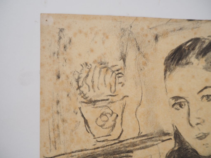 Mario CAVAGLIERI.  "Jeune femme à la jupe à fleurs" Dessin au fusain, 