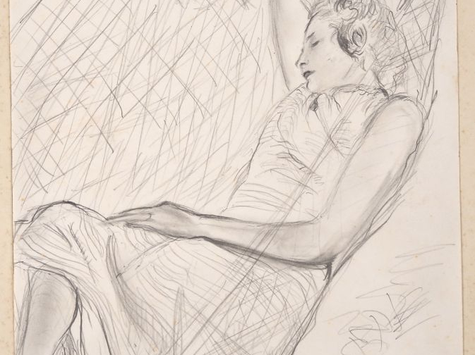 Mario CAVAGLIERI.  "Jeune femme endormie" Dessin au crayon, signé en b
