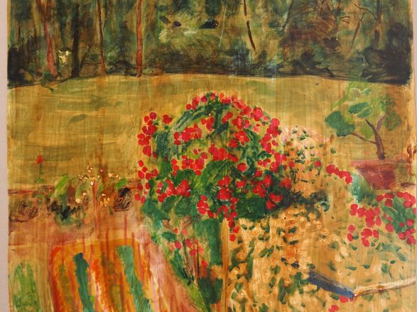 Mario CAVAGLIERI.  "Fleurs et paysage" Aquarelle, signée en bas à droi